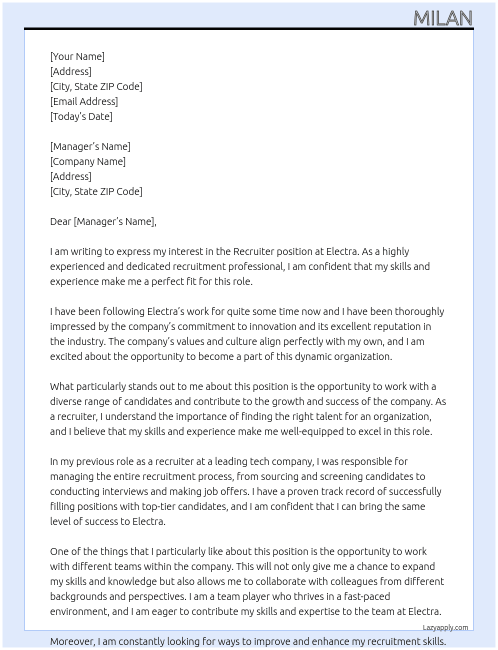 Recruiter  At Electra Cover Letter