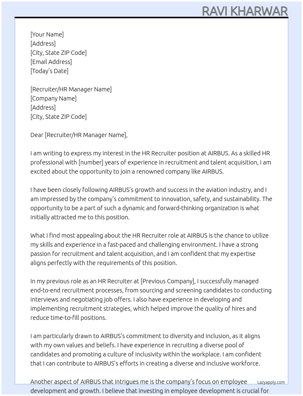 HR Recruiter At AIRBUS Cover Letter