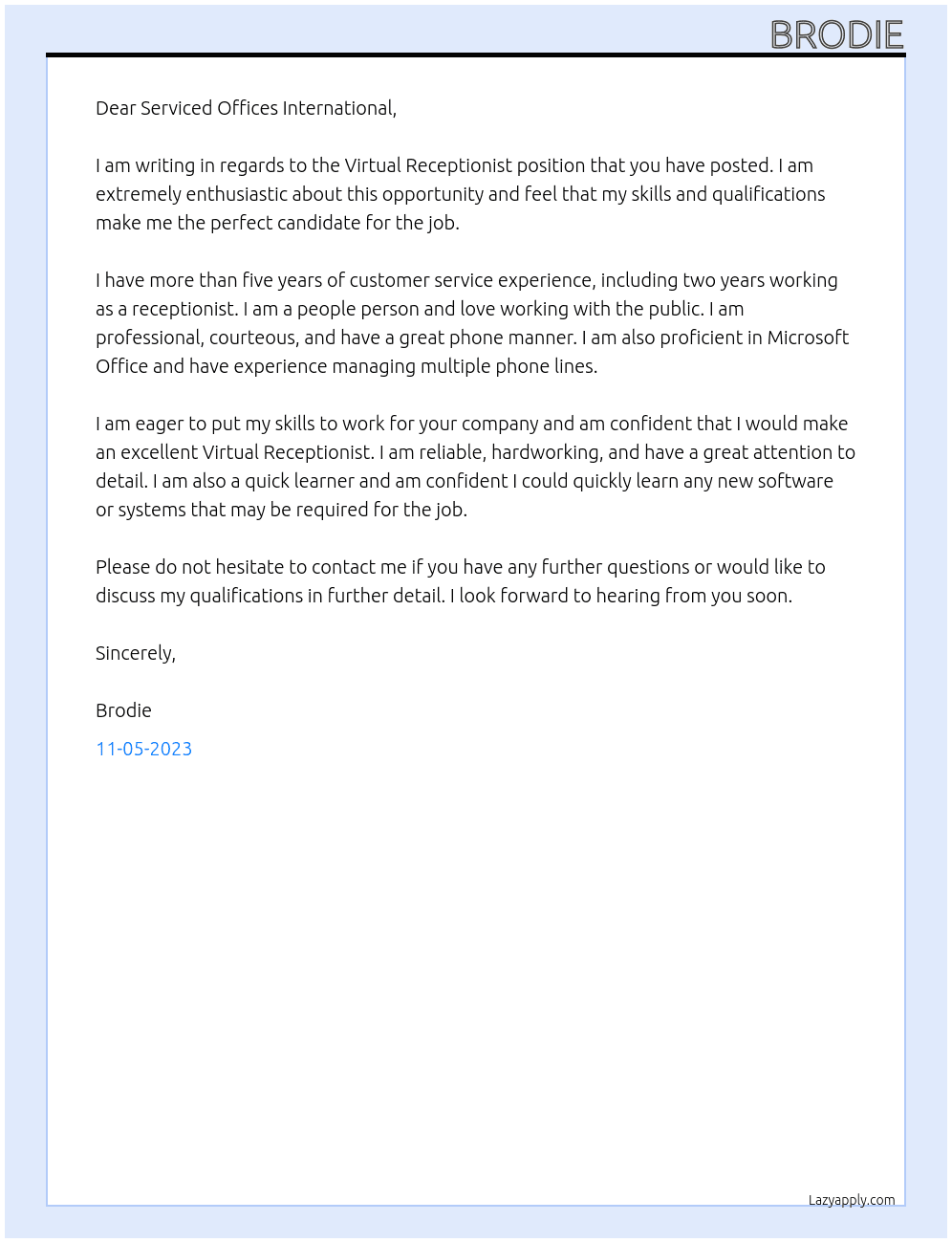 Virtual Receptionist At Serviced Offices International Cover Letter