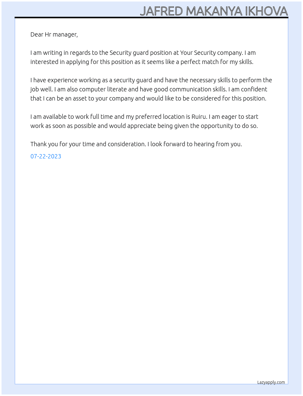Security guard At Your Security company  Cover Letter
