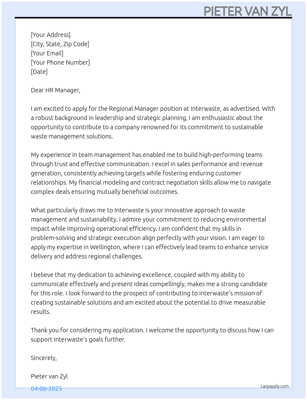 Regional Manager At Interwaste  Cover Letter