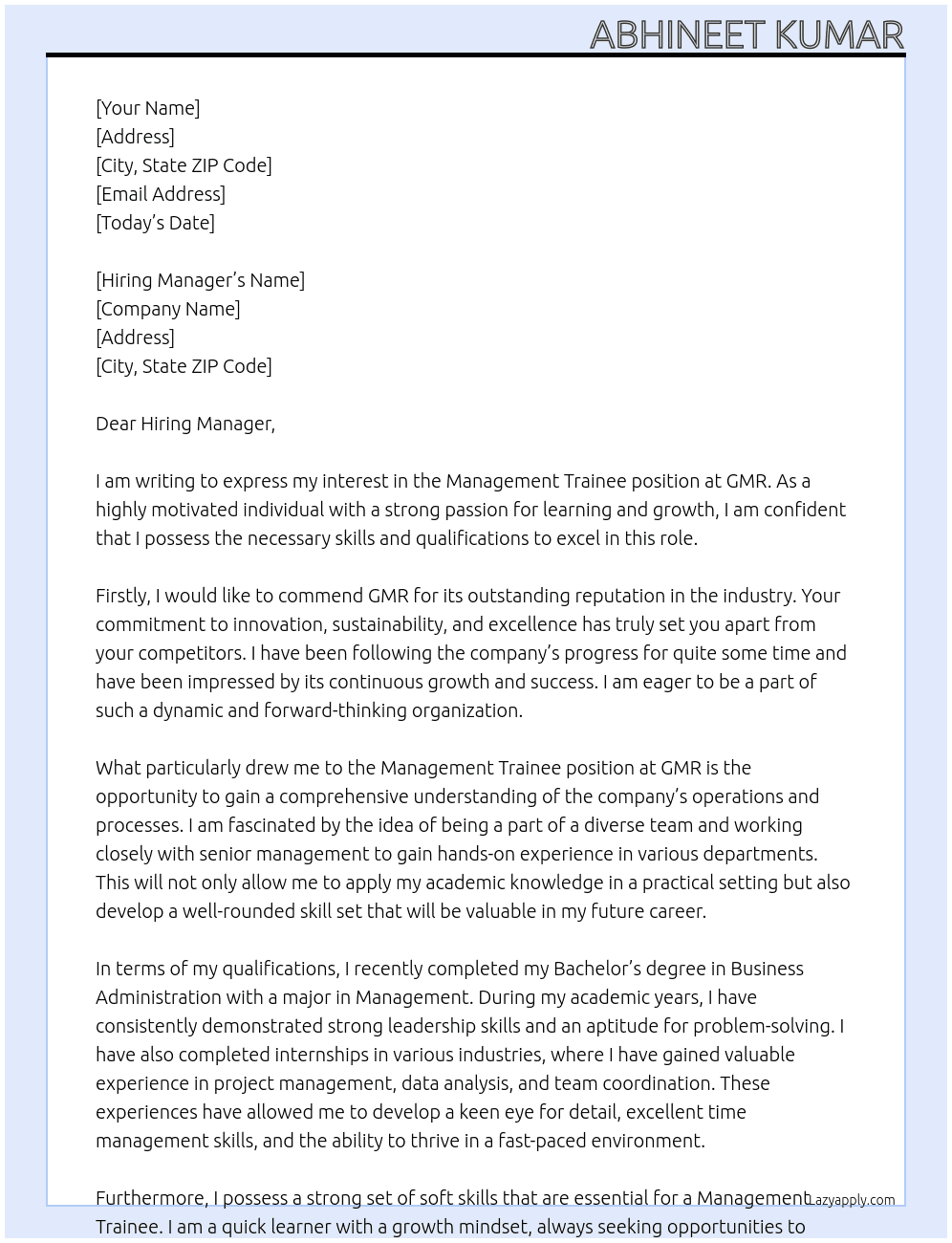 Management Trainee At GMR Cover Letter