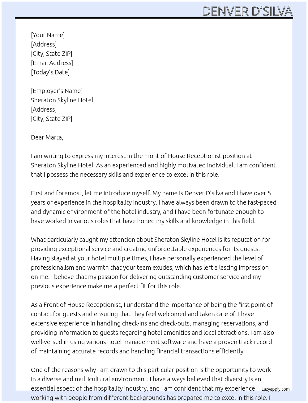 Front of house receptionist  At Sheraton skyline hotel Cover Letter