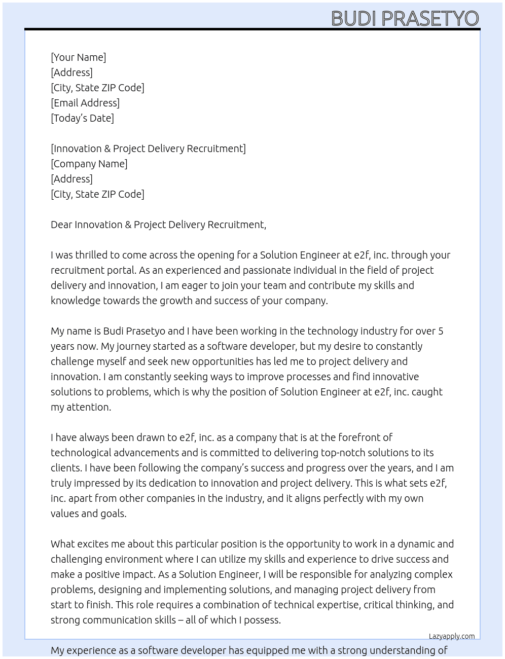 Solution Engineer At e2f, inc. Cover Letter
