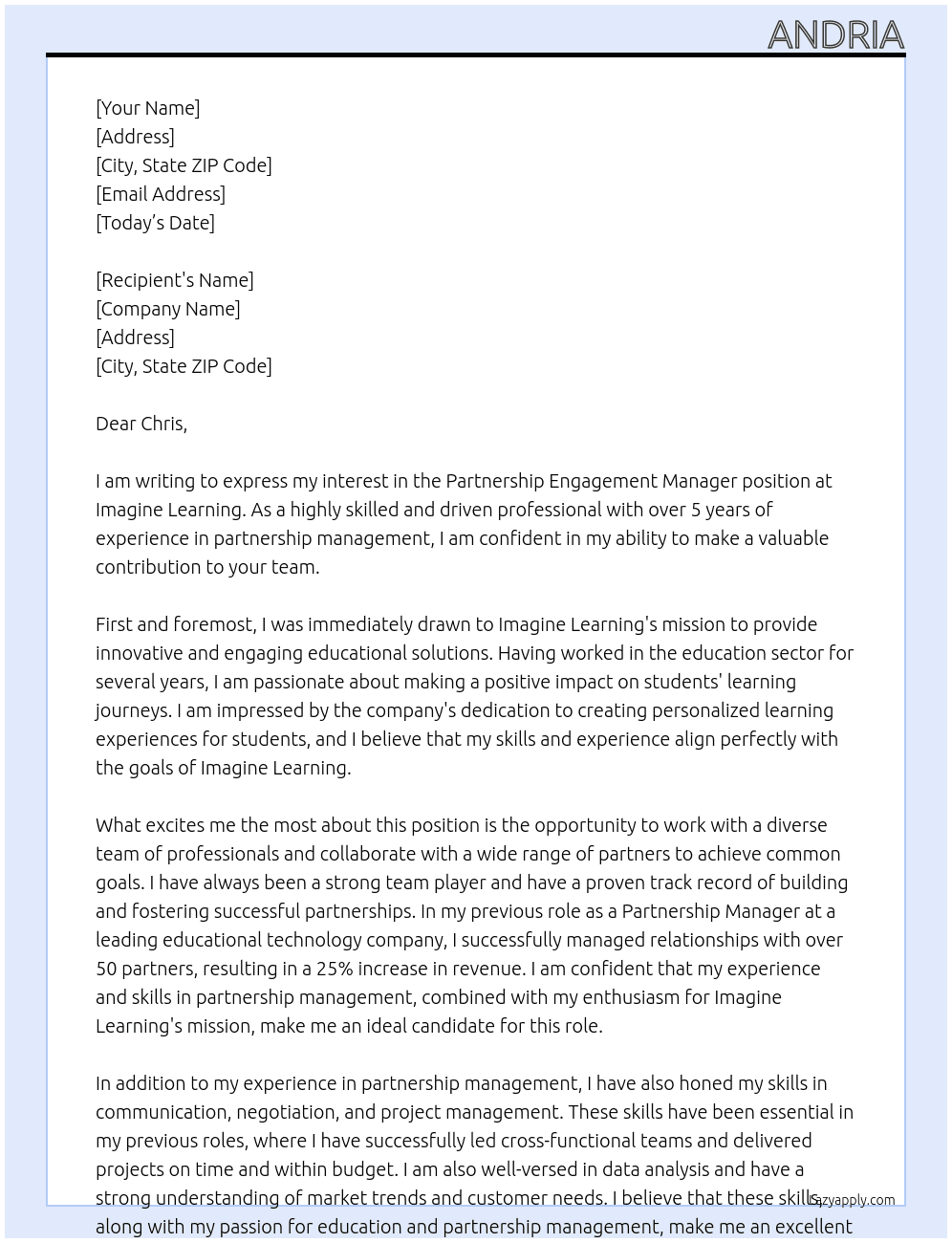 Partnership Engagement Manager At imagine learning Cover Letter