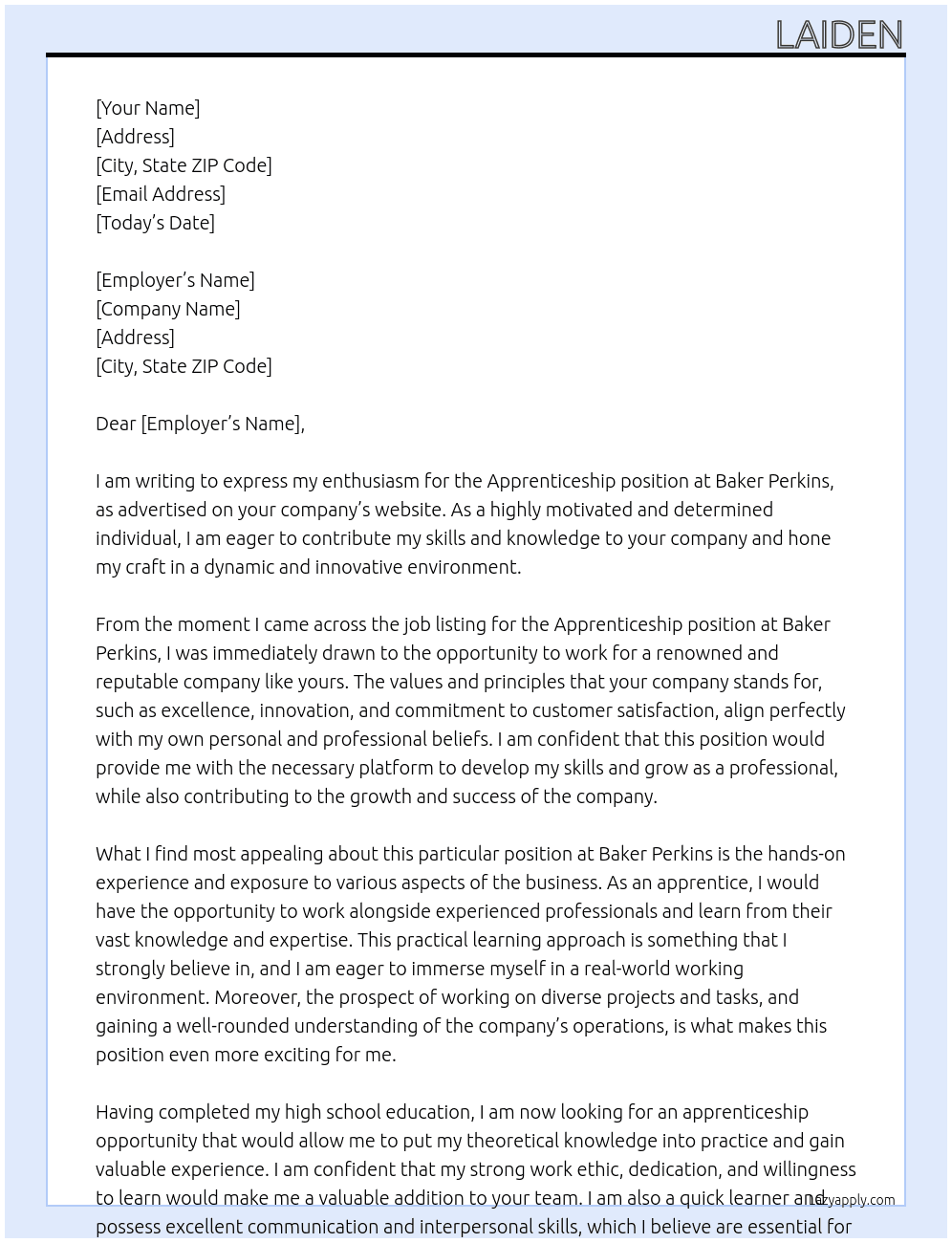 Apprenticeship At Baker perkins Cover Letter