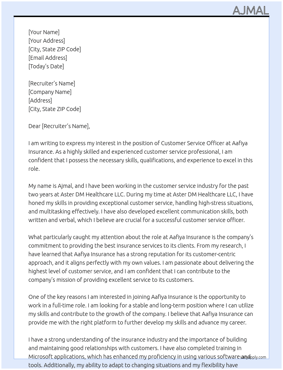 Customer service officer At Aafiya Insurance Cover Letter
