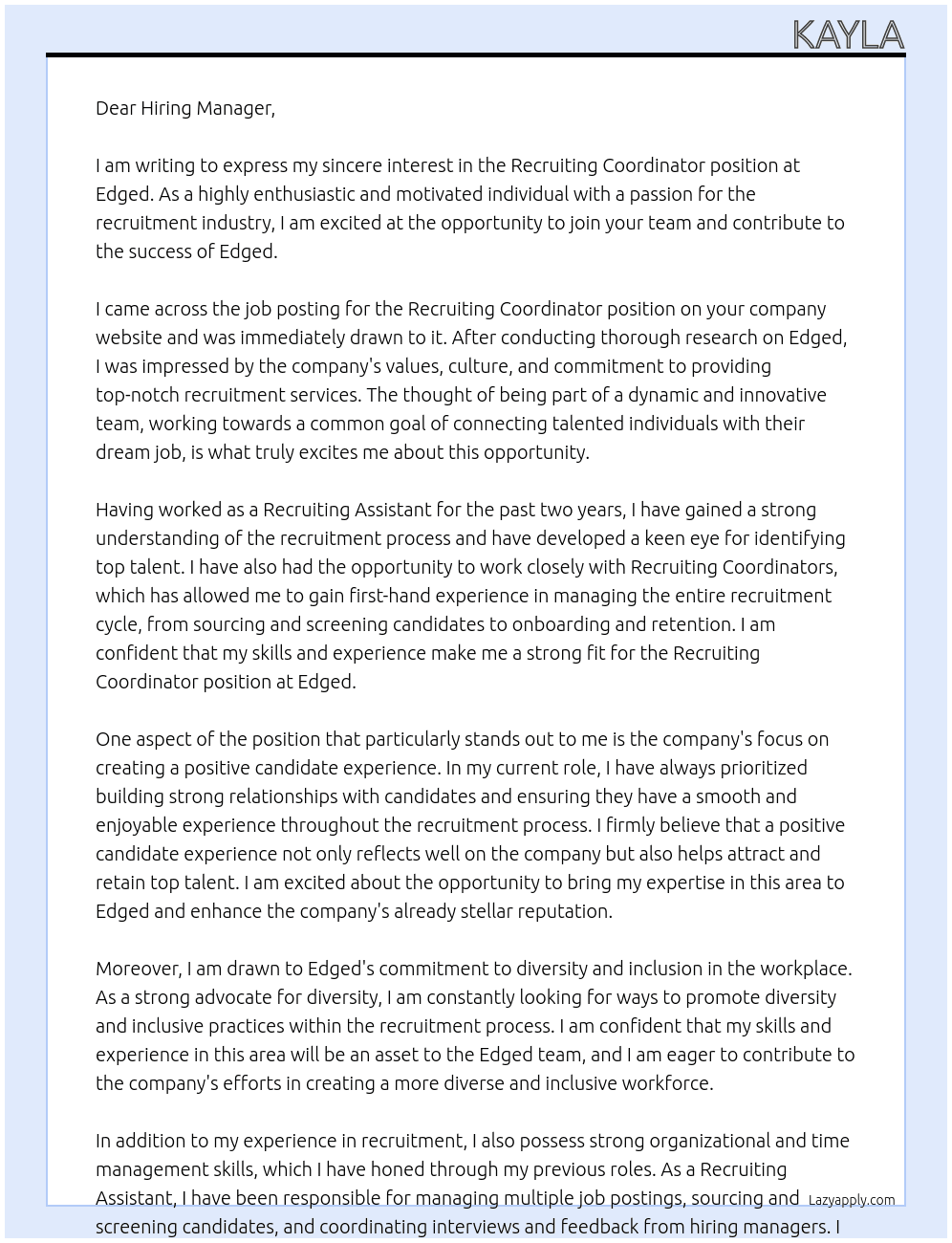 Recruiting Coordinator At Edged Cover Letter