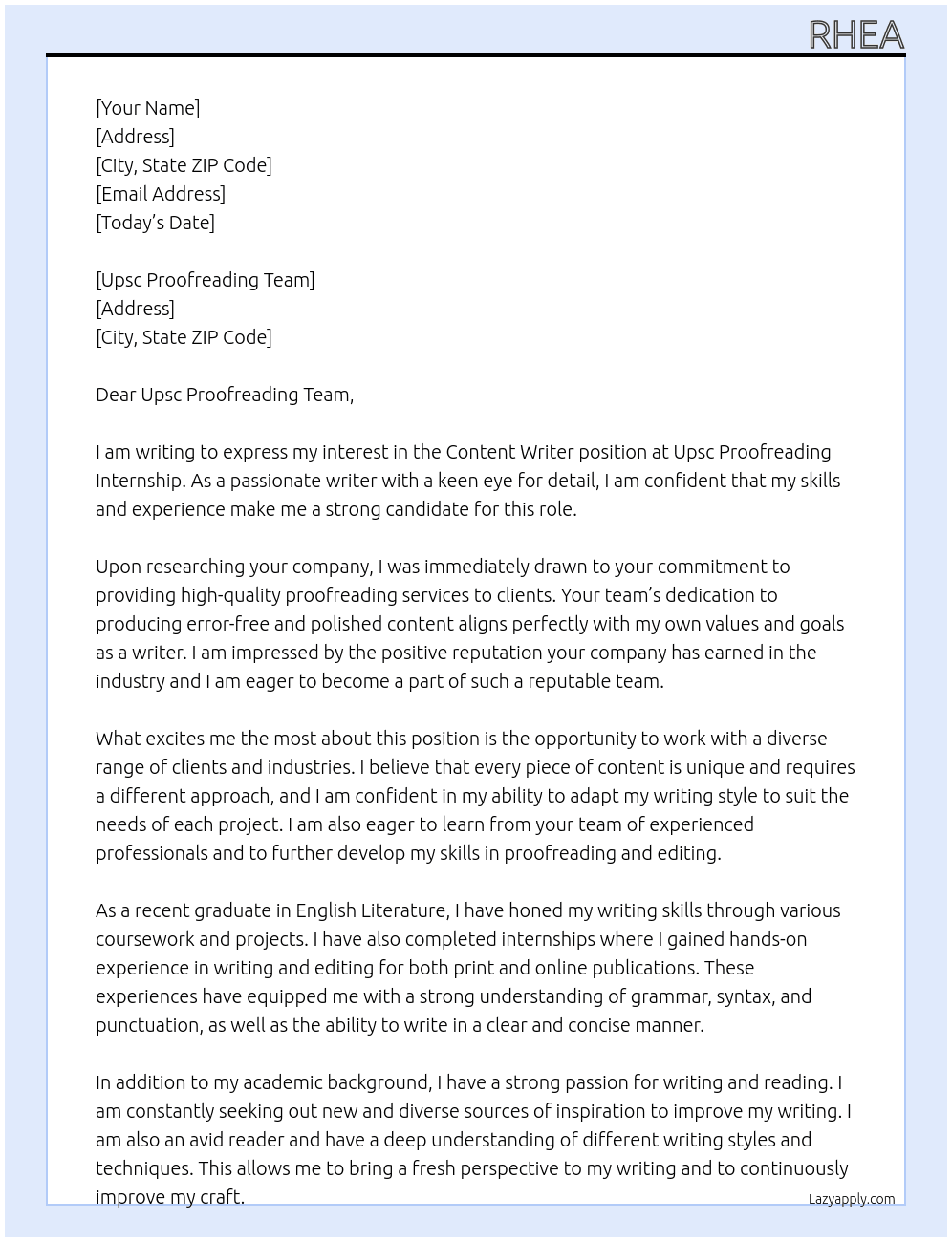 Content writer At Upsc proofreading internship Cover Letter