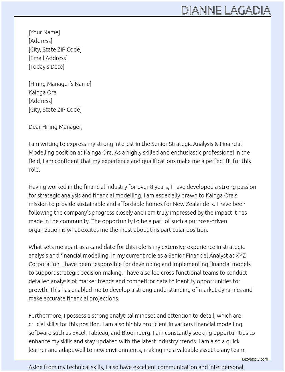  Senior Strategic Analysis & Financial Modelling At Kainga Ora Cover Letter