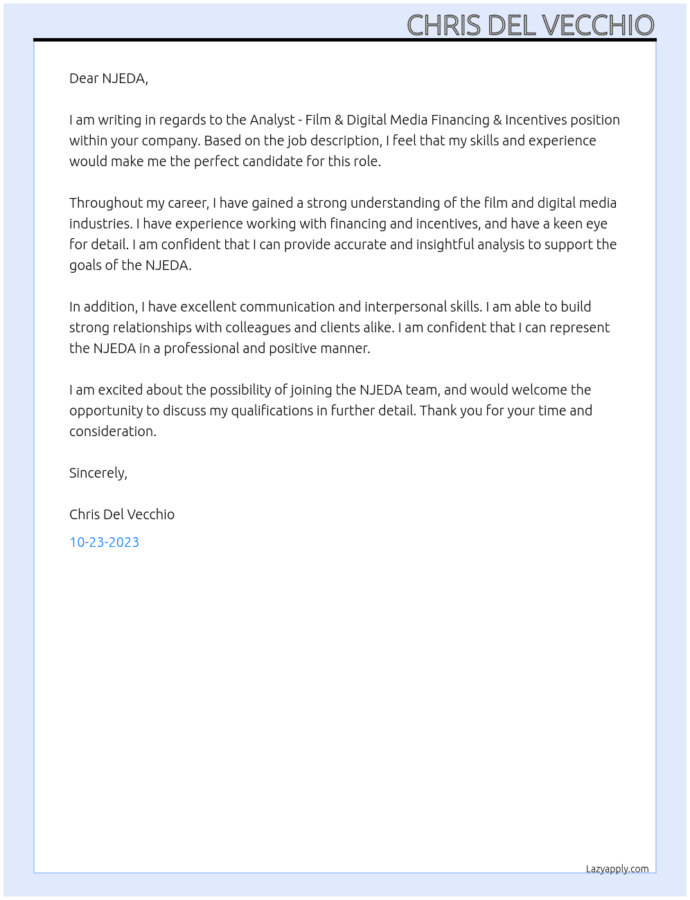 Analyst - Film & Digital Media Financing & Incentives At NJEDA Cover Letter