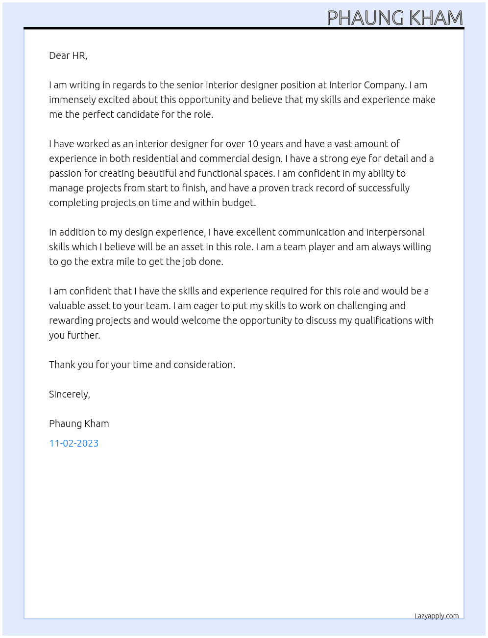senior interior designer  At Interior Company Cover Letter