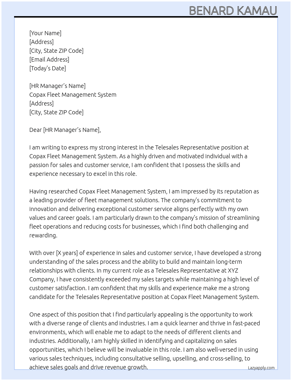 Telesales Representative  At Copax Fleet Management System  Cover Letter