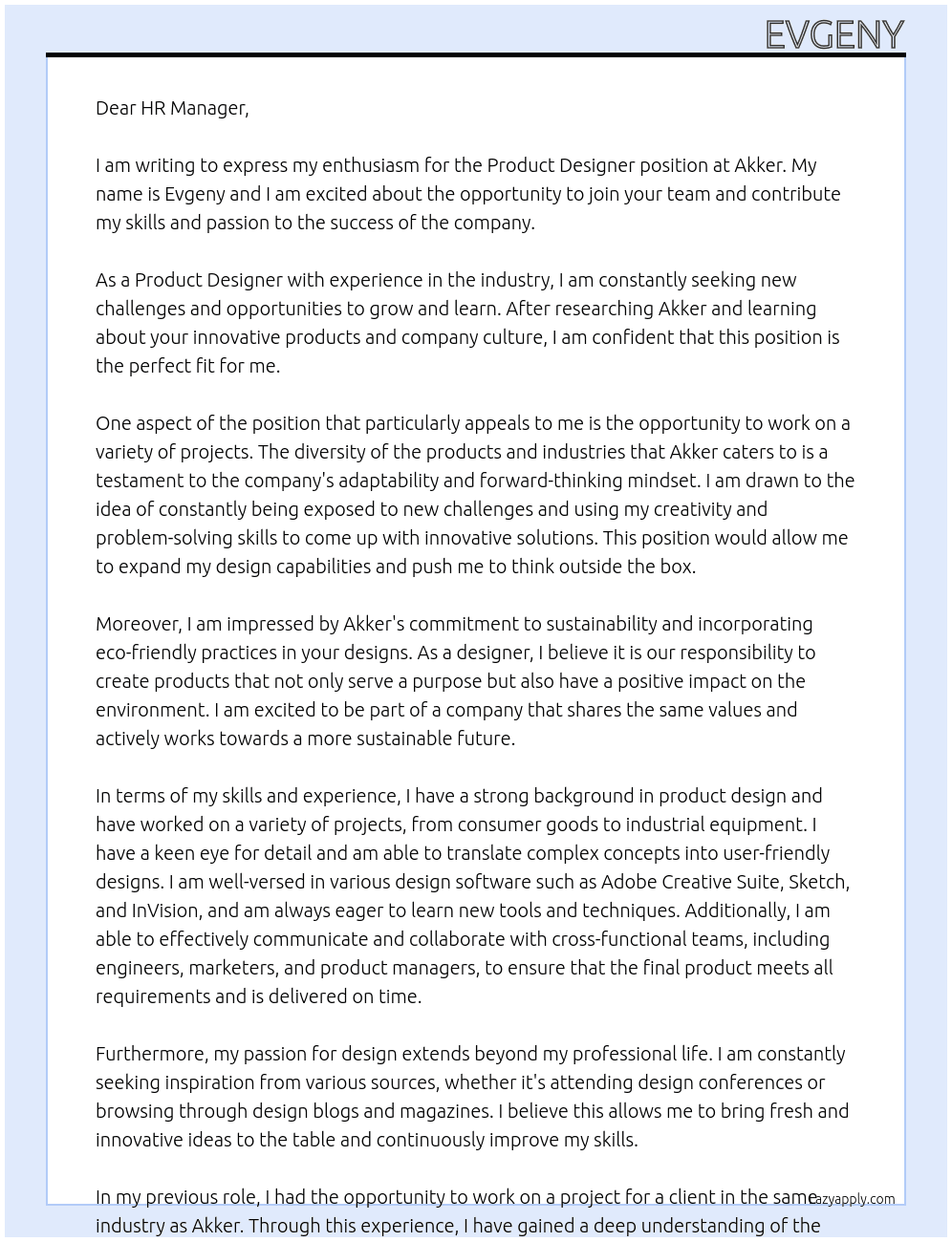 Product Designer At Akker Cover Letter