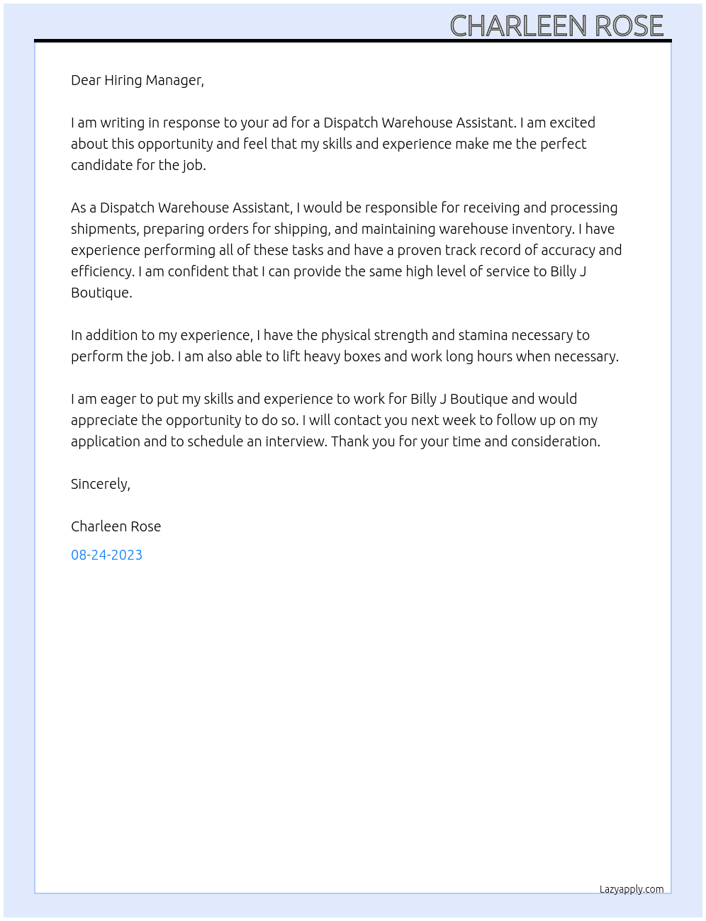 Dispatch warehouse assistant  At Billy J Boutique  Cover Letter