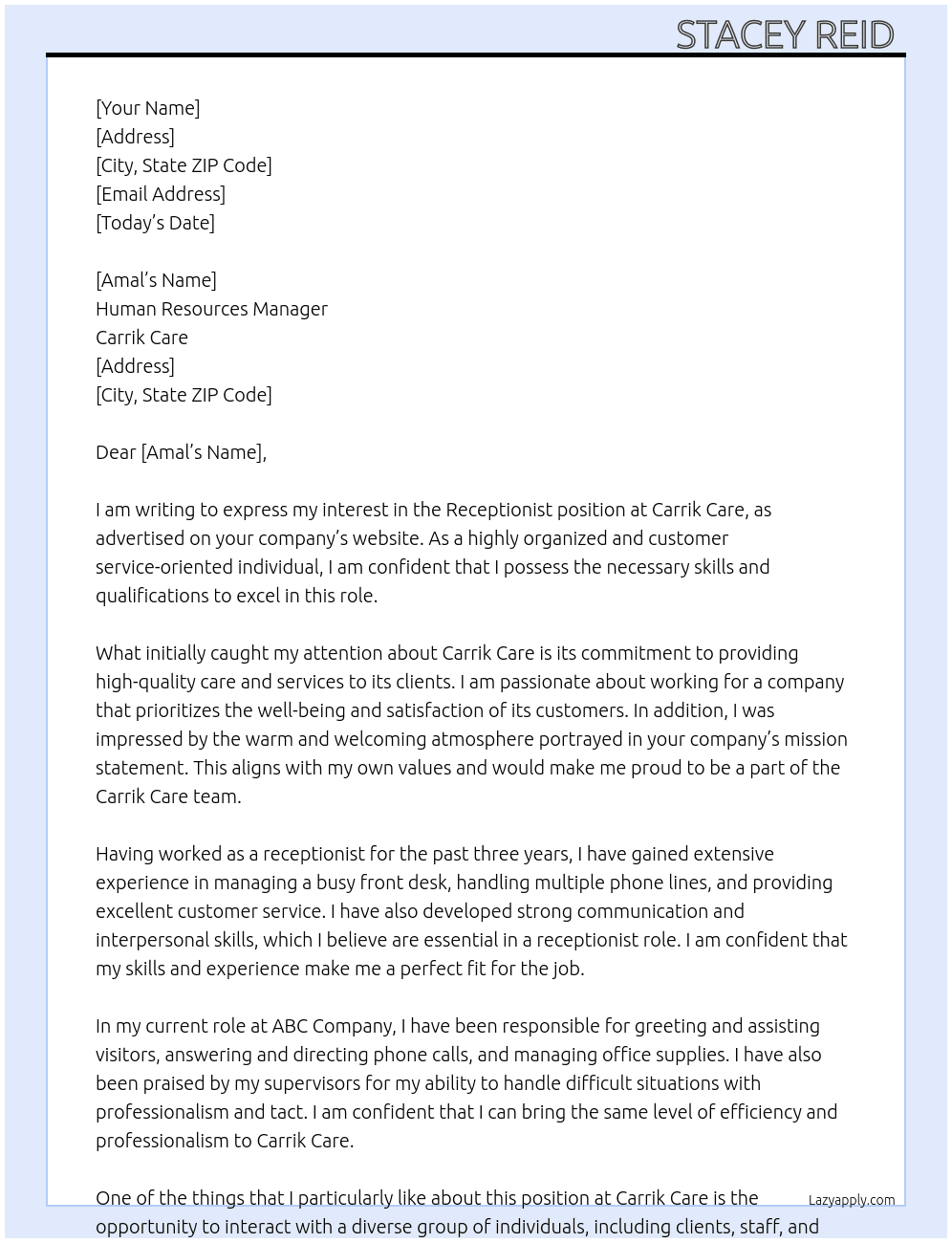 Receptionist  At Carrik care Cover Letter