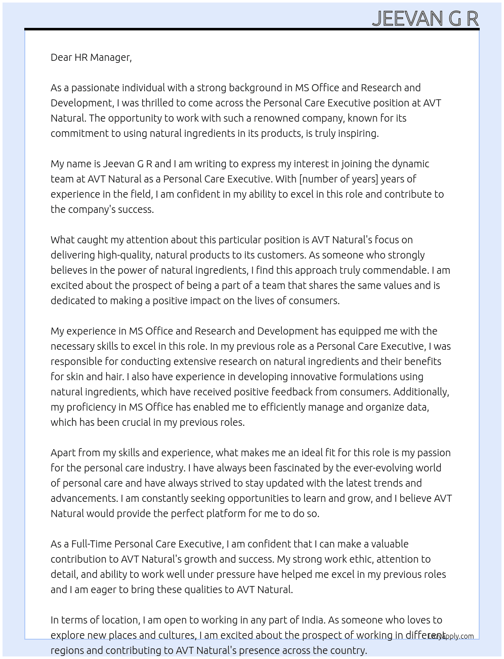 Personal Care Executive At AVT Natural Cover Letter