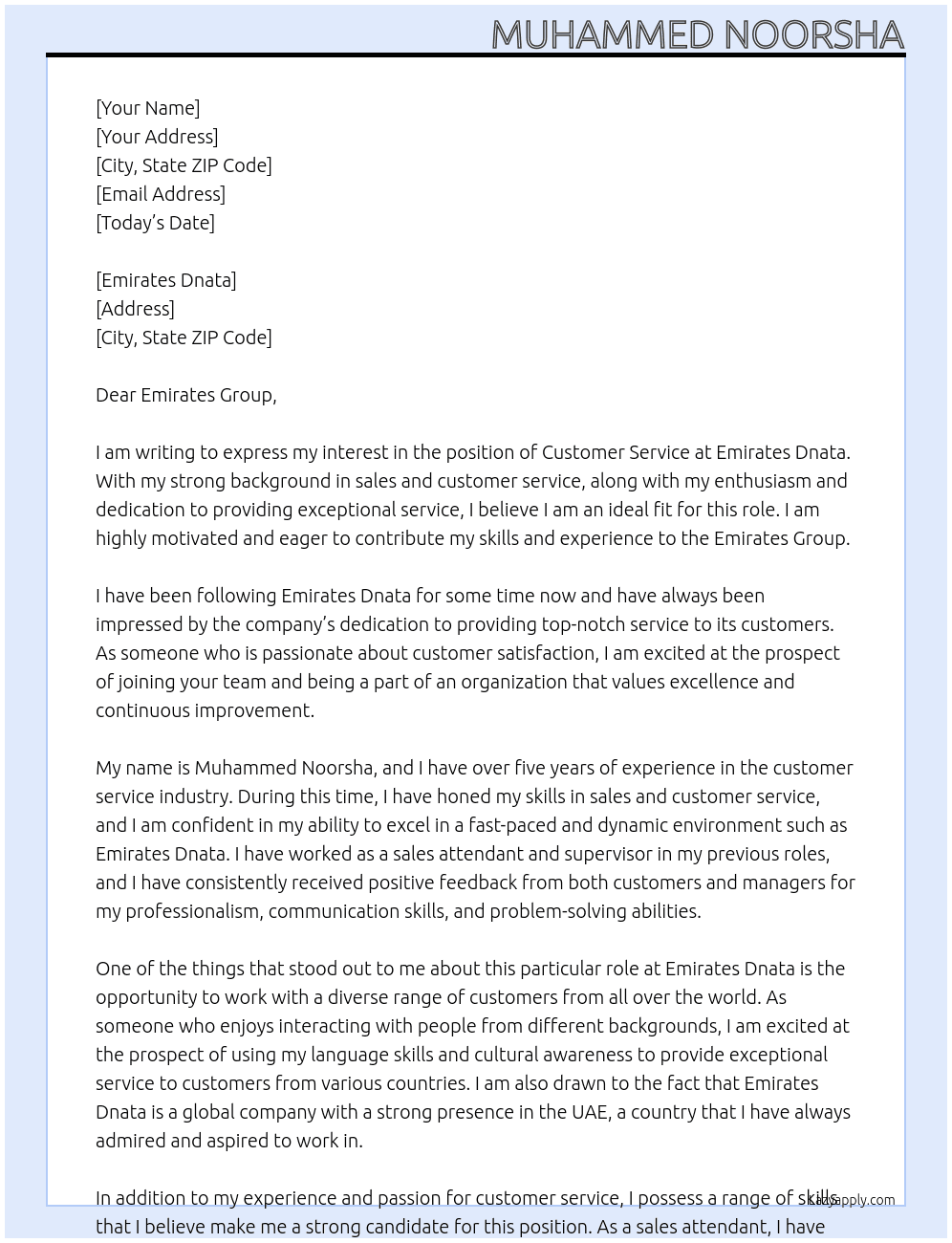 Customer service  At Emirates Dnata Cover Letter