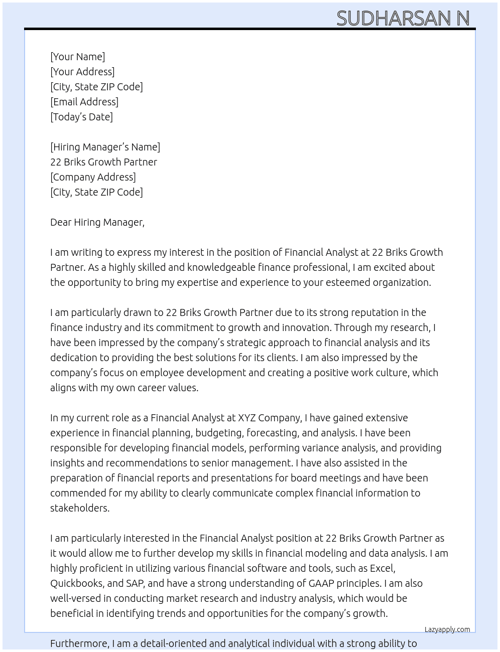 Financial Analyst  At 22 Briks Growth Partner  Cover Letter