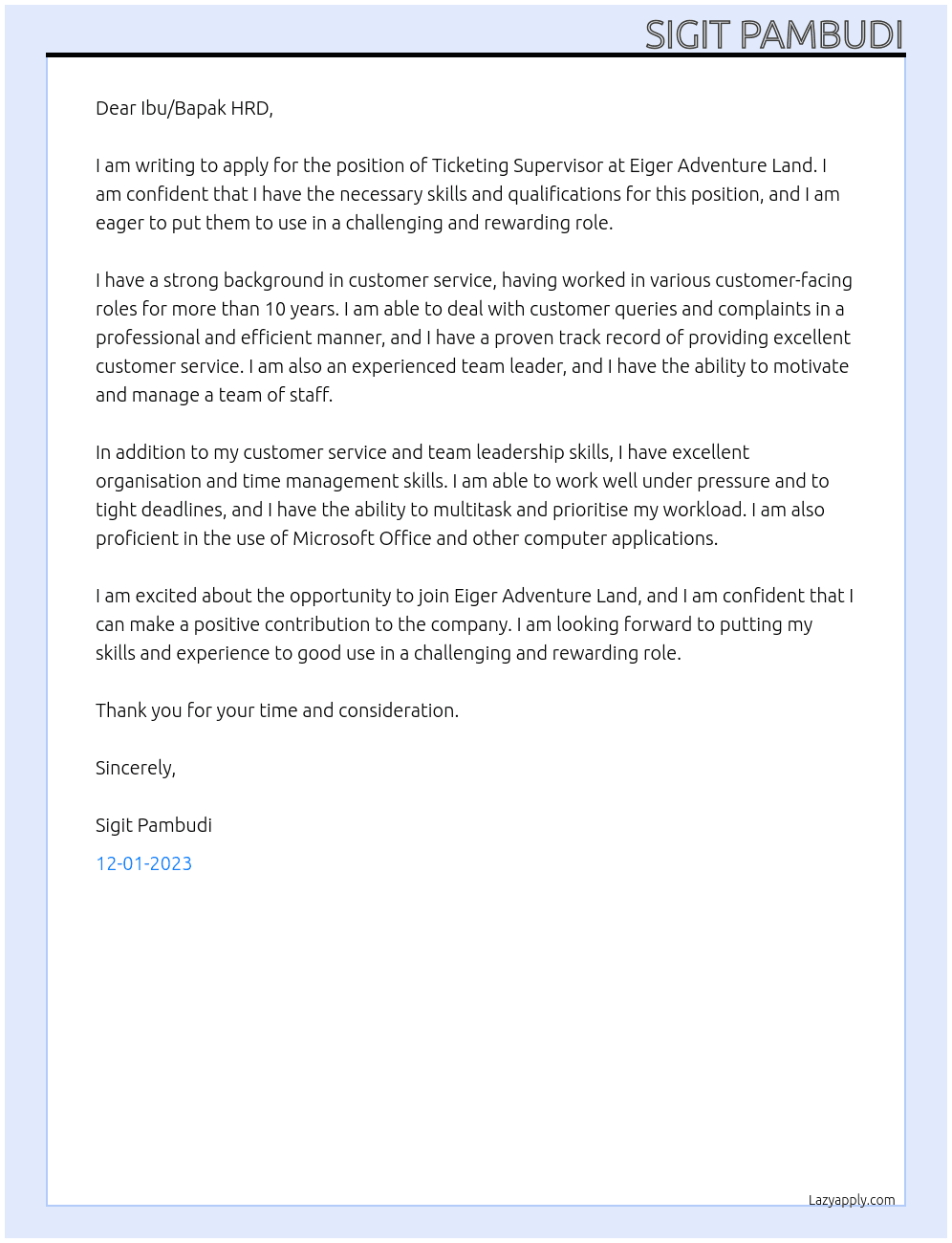 Ticketing Supervisor At Eiger Adventure Land Cover Letter