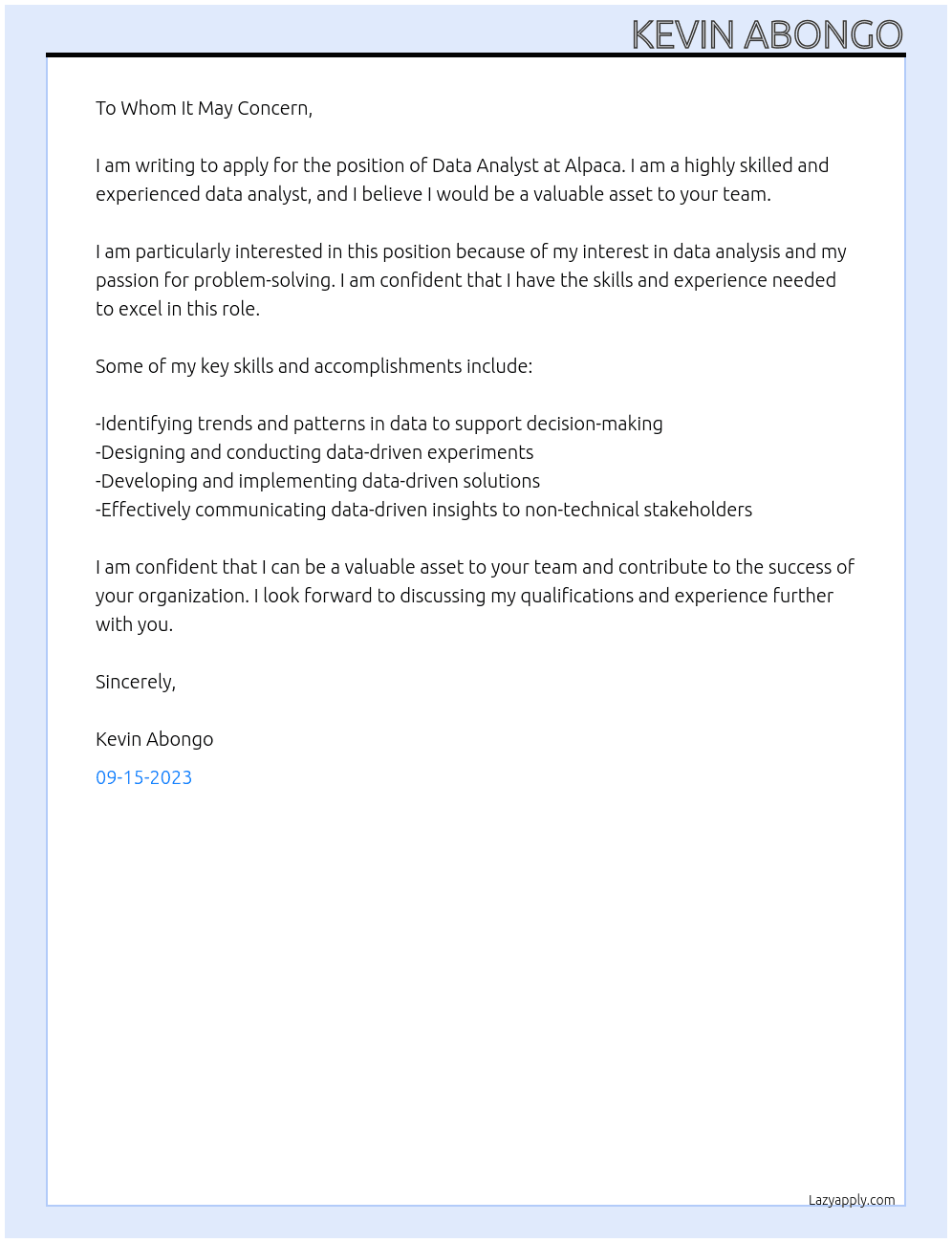 Data Analyst At Alpaca Cover Letter