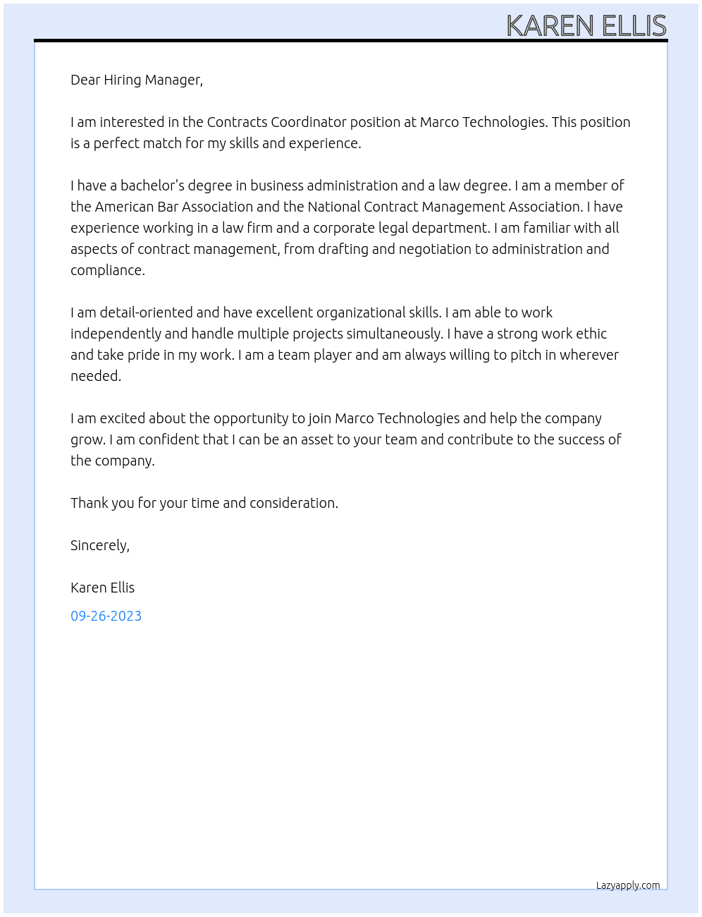 Contracts Coordinator At Marco Technologies Cover Letter