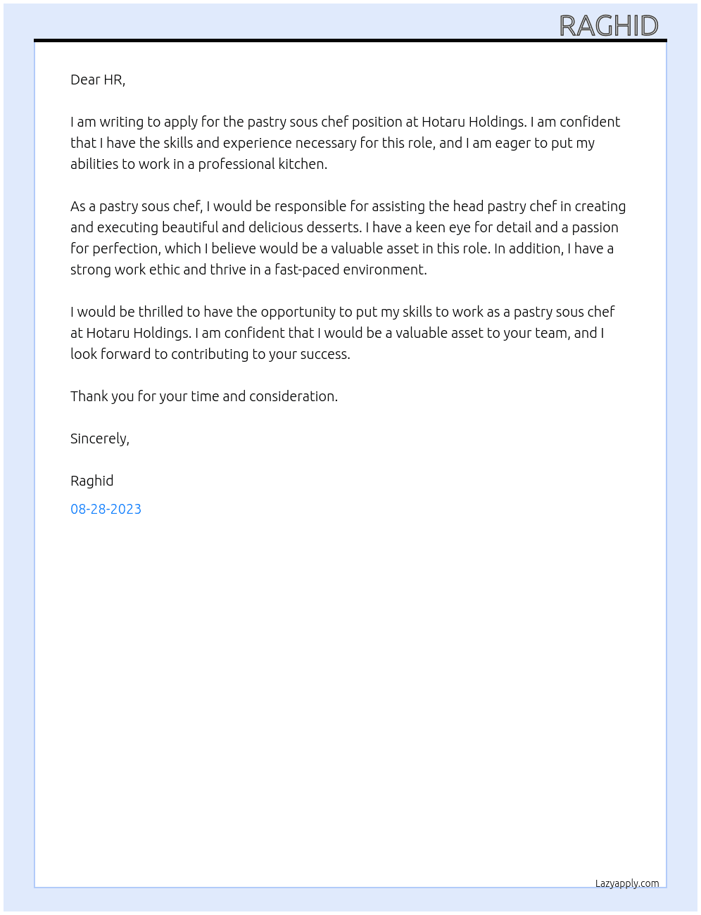 pastry sous chef  At hotaru holdings Cover Letter