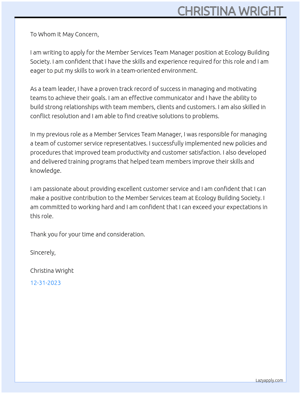 Member services Team manager  At Ecology Building society  Cover Letter