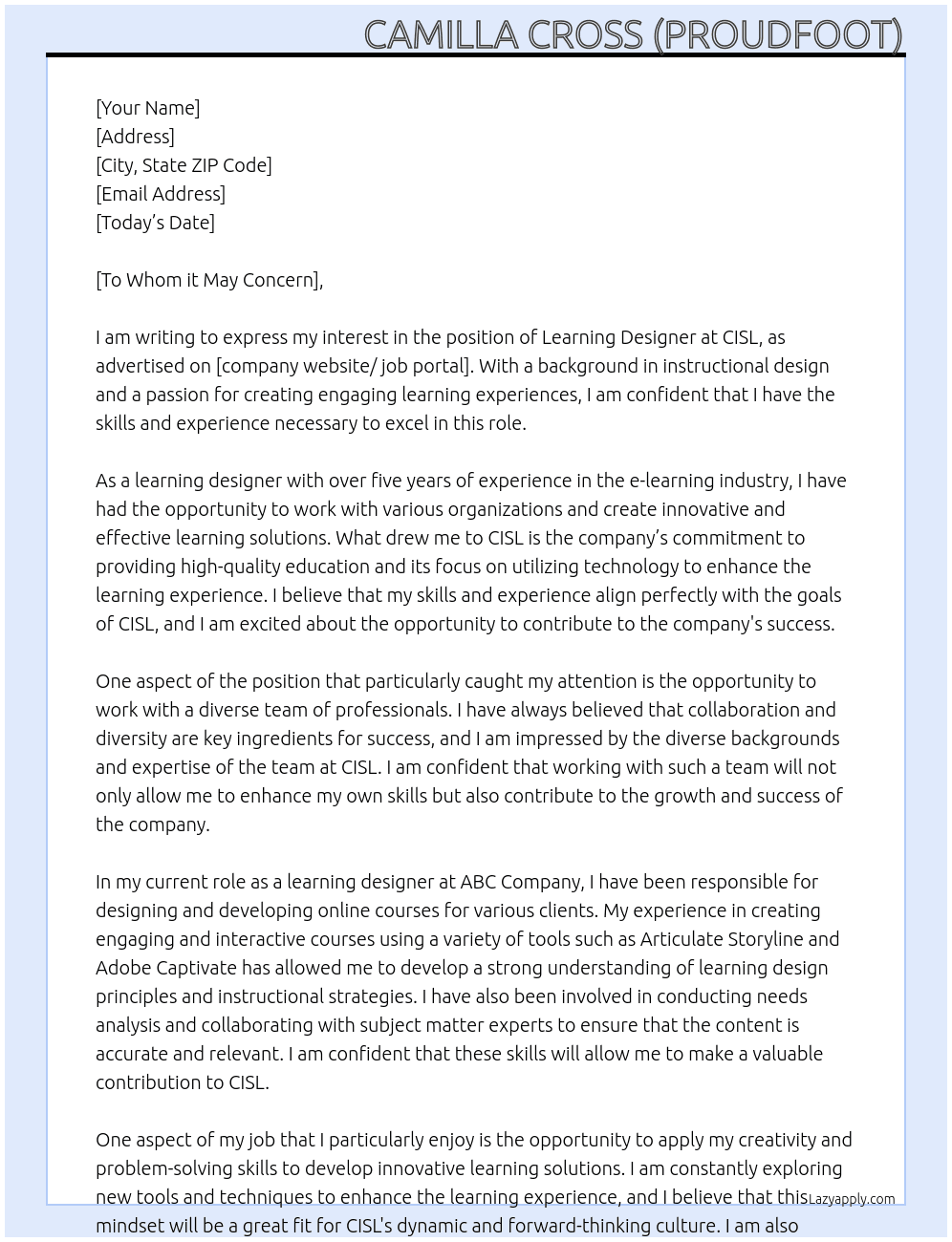 Learning designer At CISL Cover Letter
