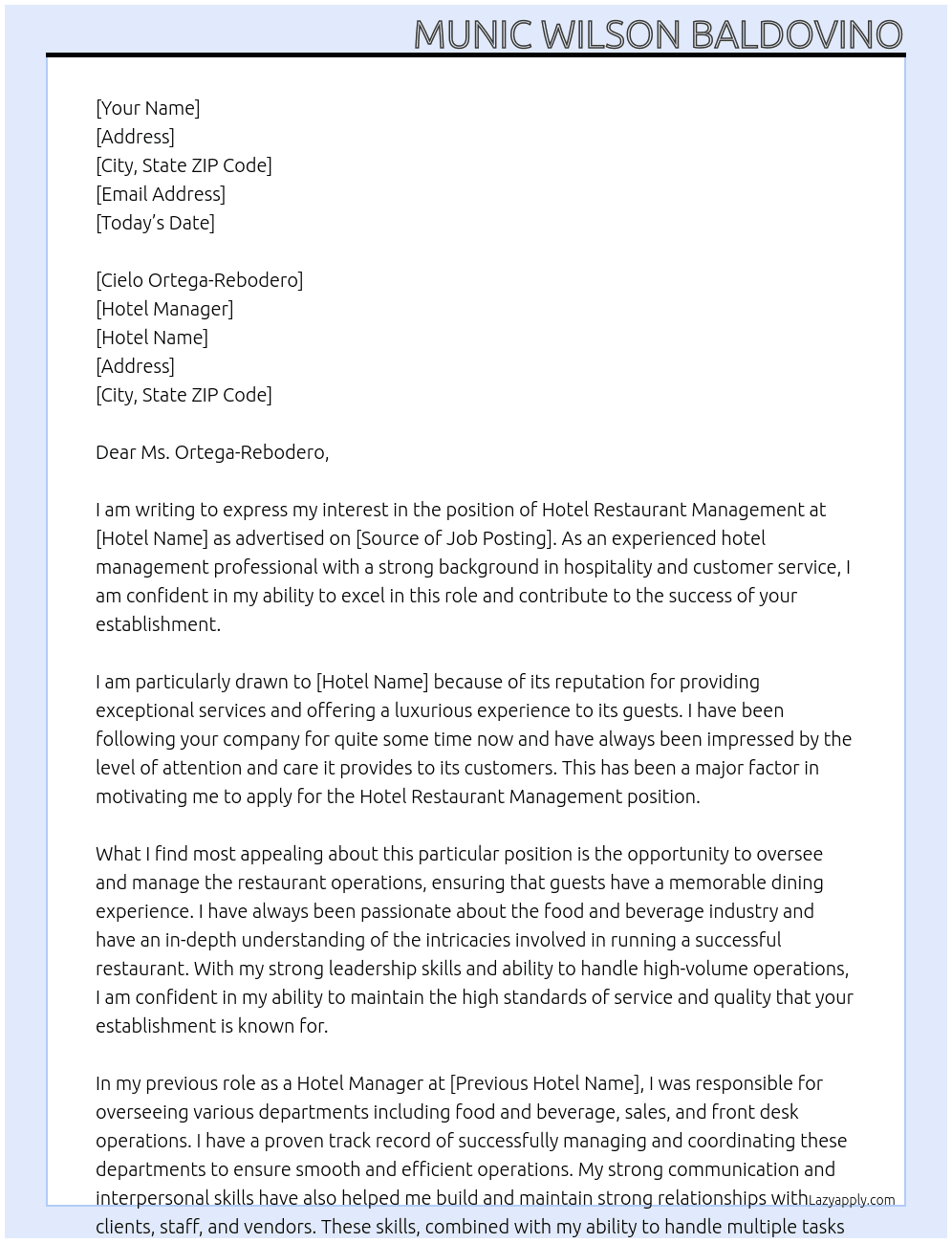 Hotel Restaurant Management  At Hotel Manager Cover Letter