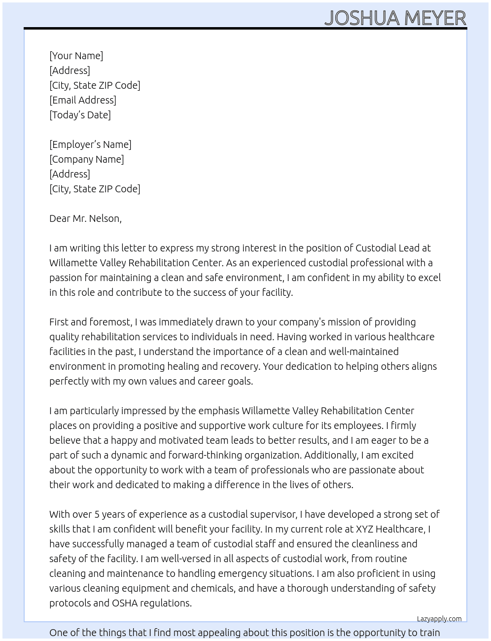 Custodial Lead At Willamette Valley Rehabilitation Center Cover Letter