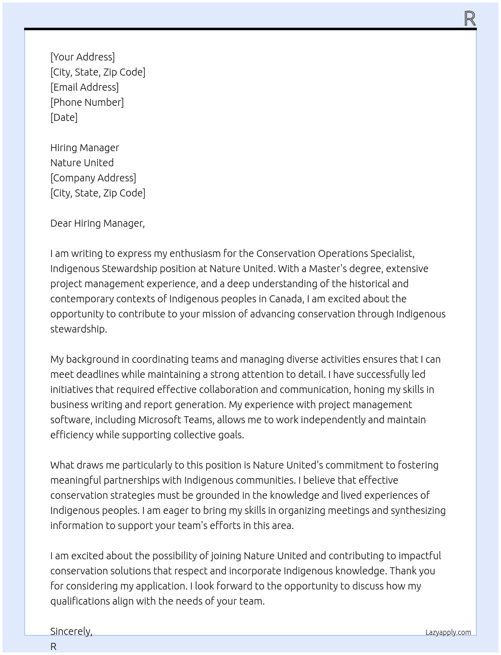 Conservation Operations Specialist, Indigenous Stewardship At Nature United Cover Letter