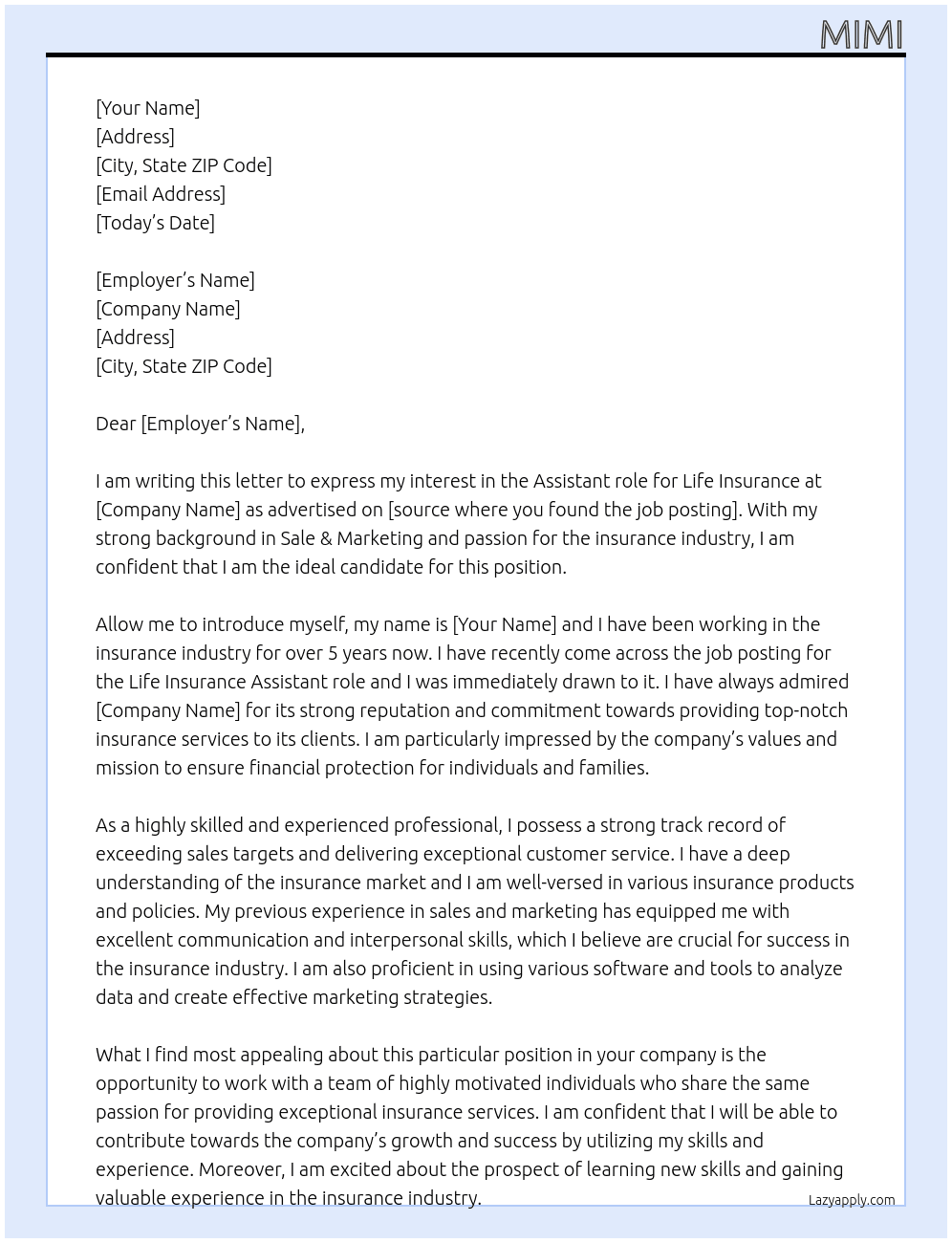 Cover letter for life insurance - LazyApply