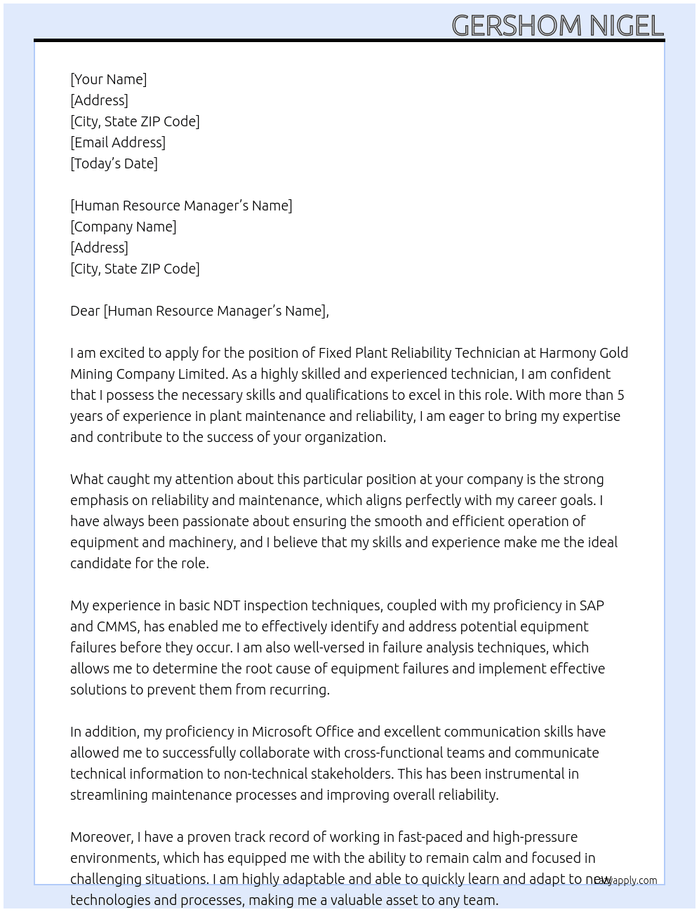 Fixed Plant Reliability Technician  At Harmony Gold Mining Company Limited  Cover Letter