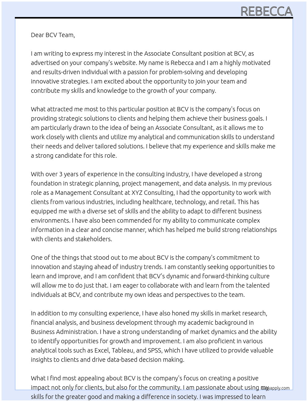 Associate Consultant At BCV Cover Letter