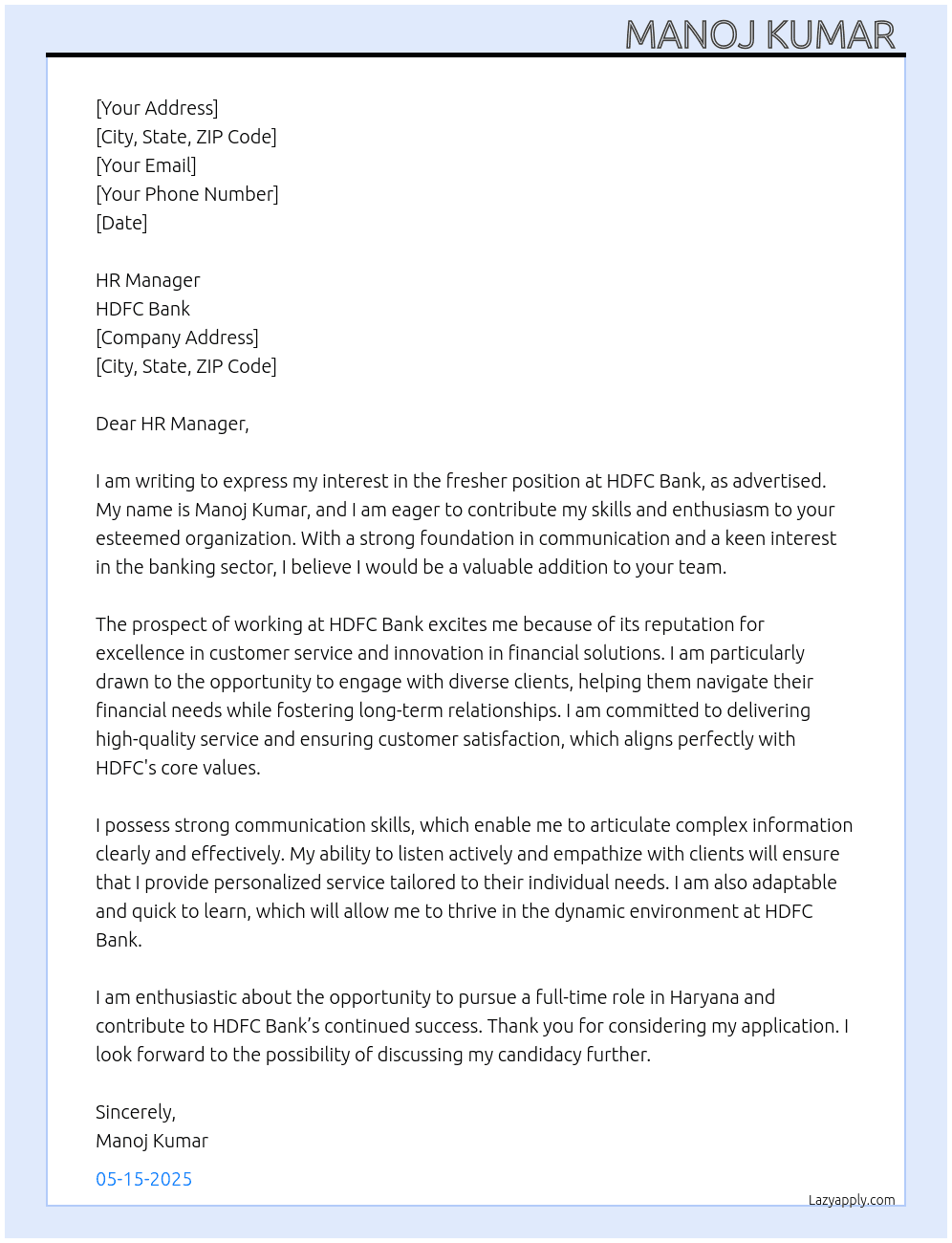 HDFC BANK FOR FRESHER  At HDFC Cover Letter