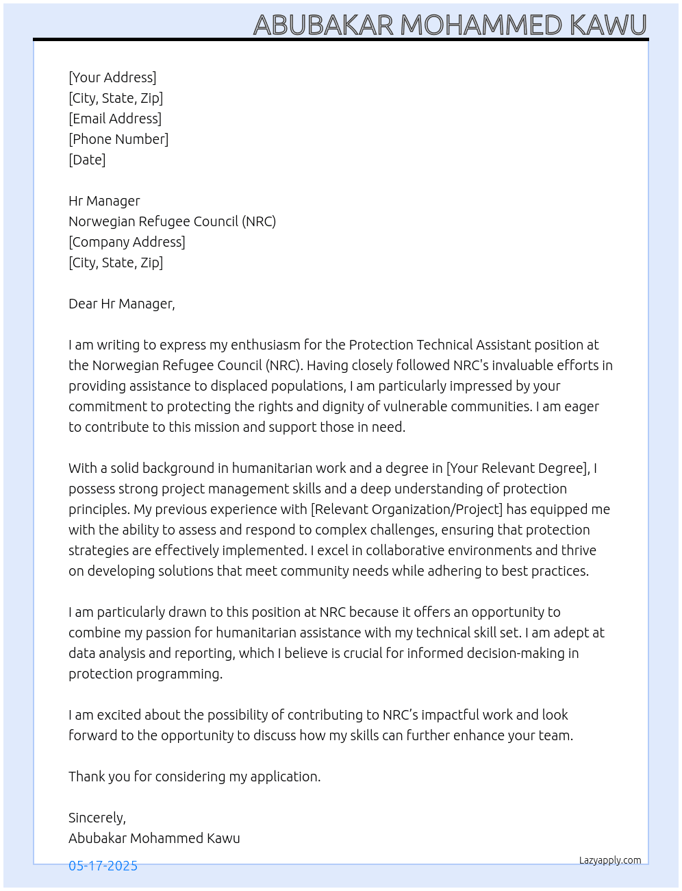 Protection technical assistant At NRC Cover Letter