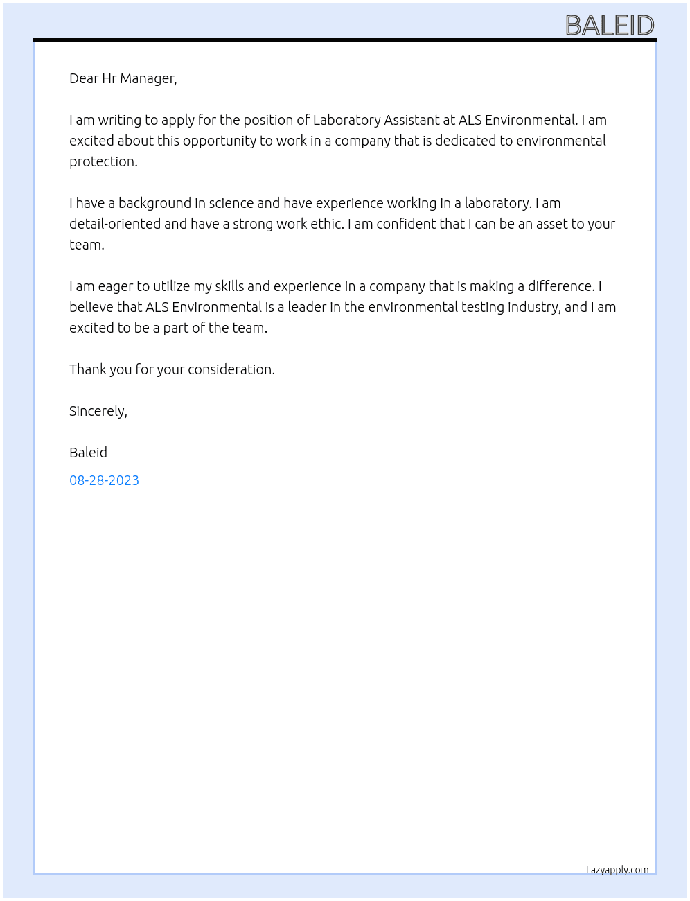 Laboratory Assistant At ALS Environmental Cover Letter
