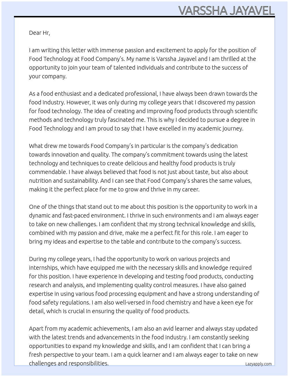 food technology At food company's  Cover Letter