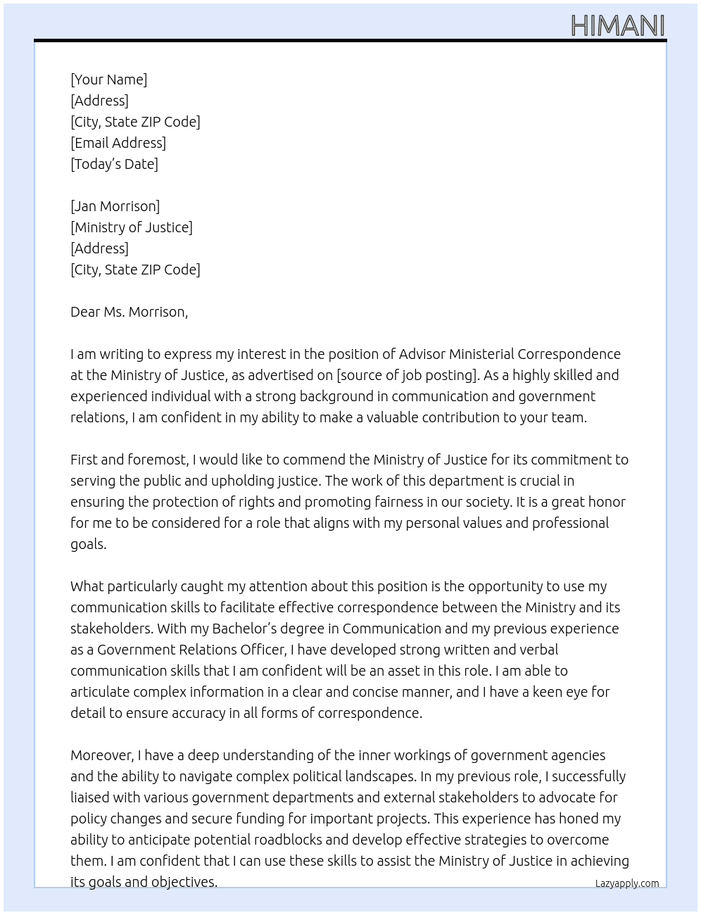 Cover letter for advisor ministerial correspondence - LazyApply