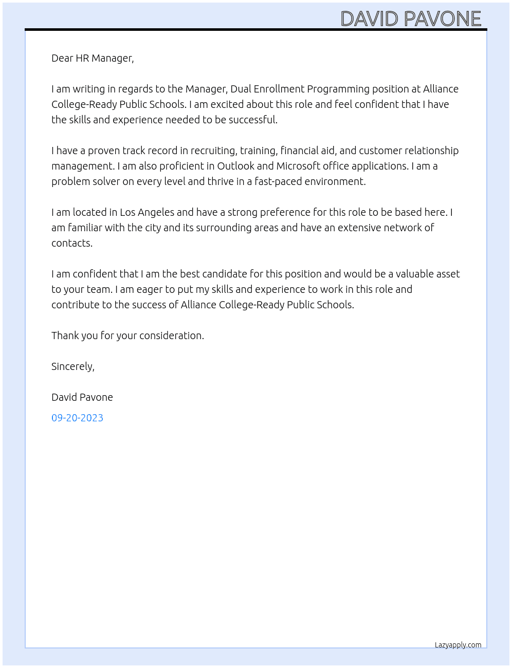 Manager, Dual Enrollment Programming At Alliance College-Ready Public Schools Cover Letter