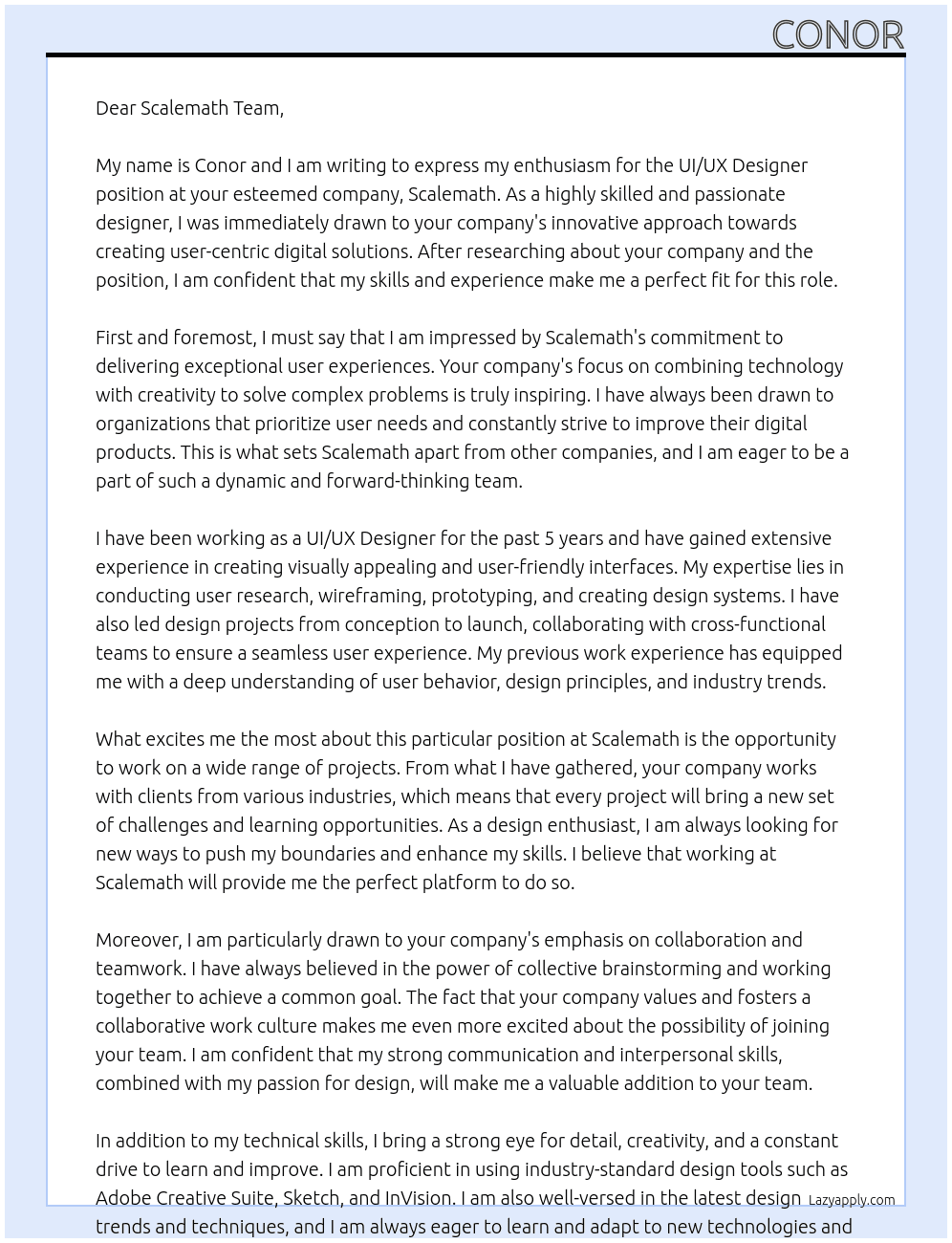 UI/UX Designer At scalemath Cover Letter