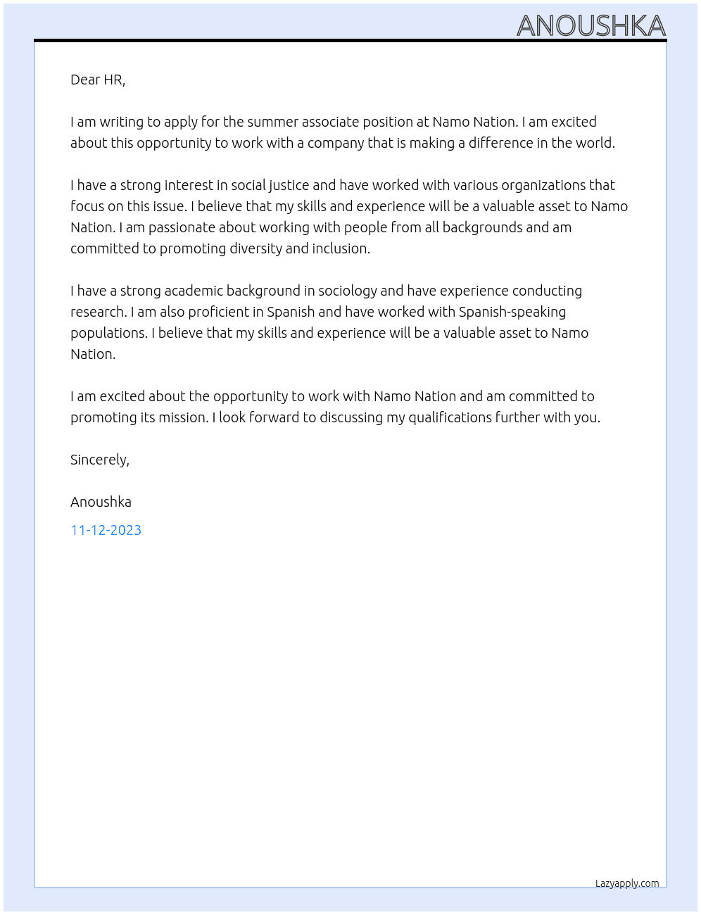 summer associate At namo nation Cover Letter