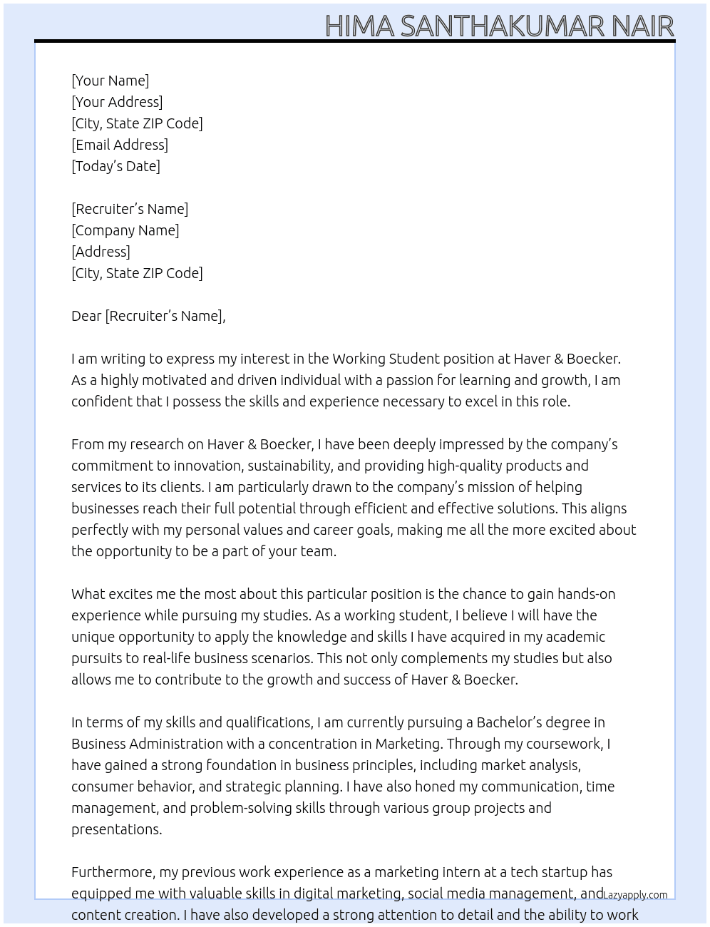 Working Student At Haver & Boecker Cover Letter