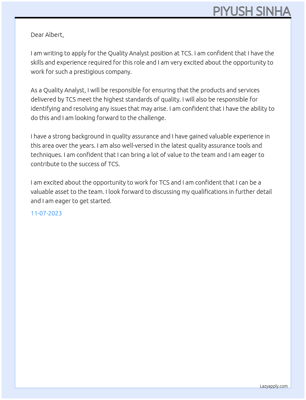 Quality Analyst At TCS Cover Letter
