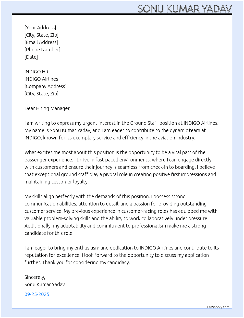 Ground Staff  At INDIGO Airlines  Cover Letter