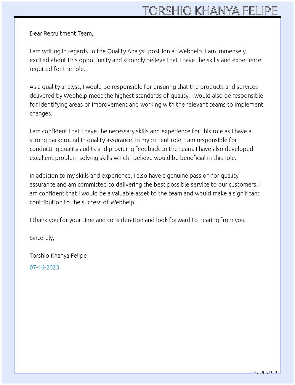 Quality Analyst  At Webhelp Cover Letter
