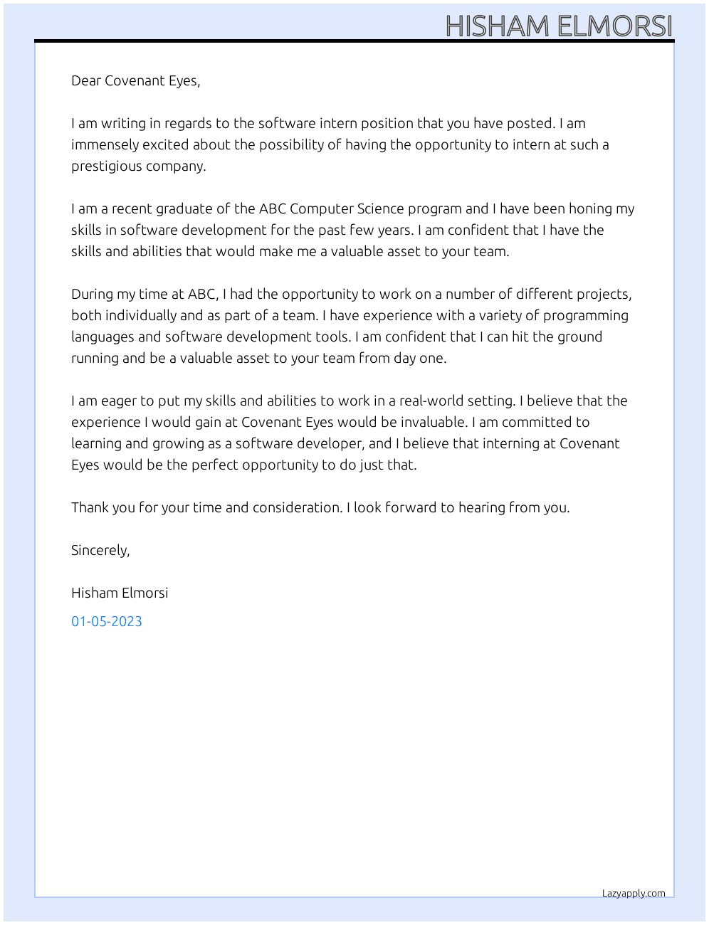 software intern At Covenant Eyes Cover Letter