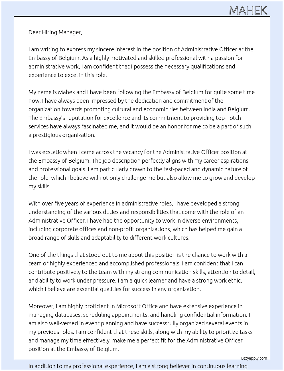 Administrative Officer At Embassy of Belgium Cover Letter