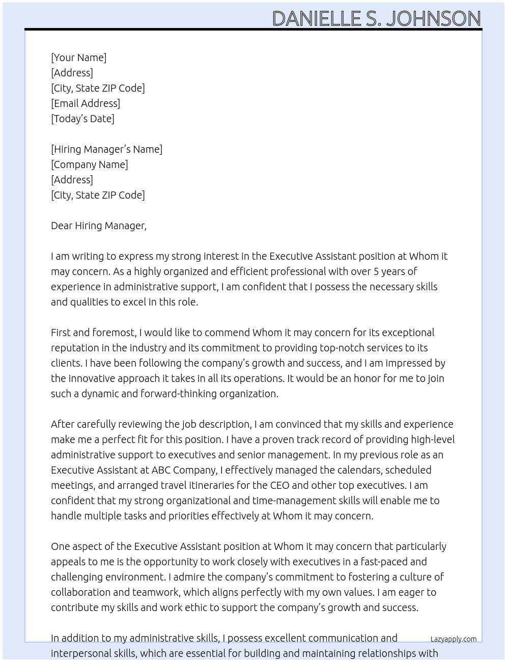 Executive Assistant  At Whom it may concern Cover Letter